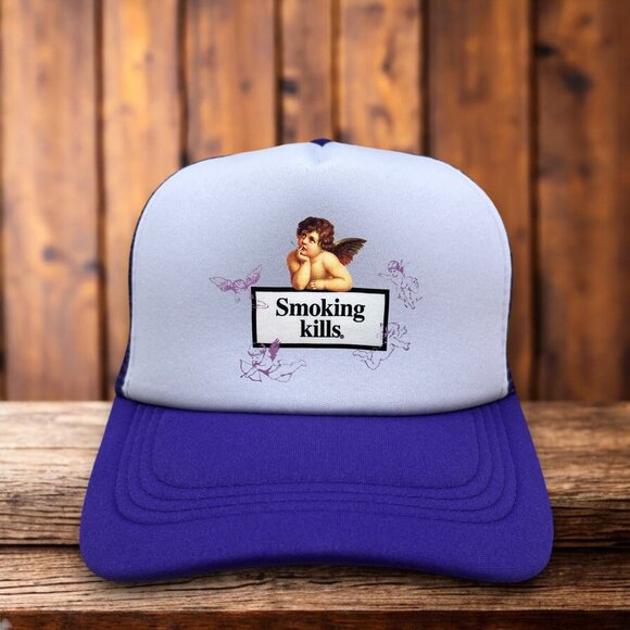 Smoking Kills Mens Trucker Hat Purple Angel Punk Rock Baseball Cap - Picture 1 of 4